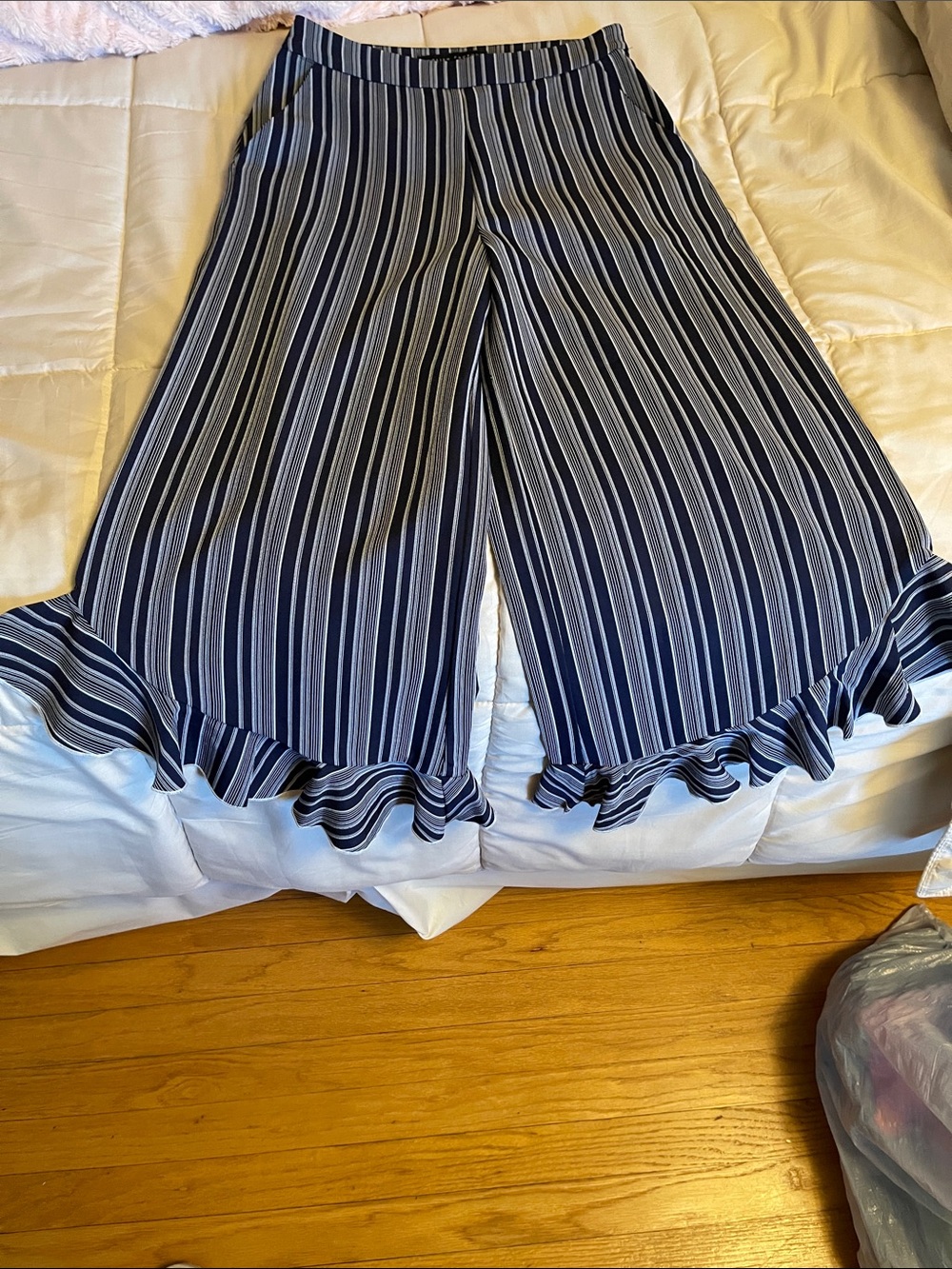 English Factory Navy & White Vertical Stripe Ruffle-Hem Wide Leg Pants